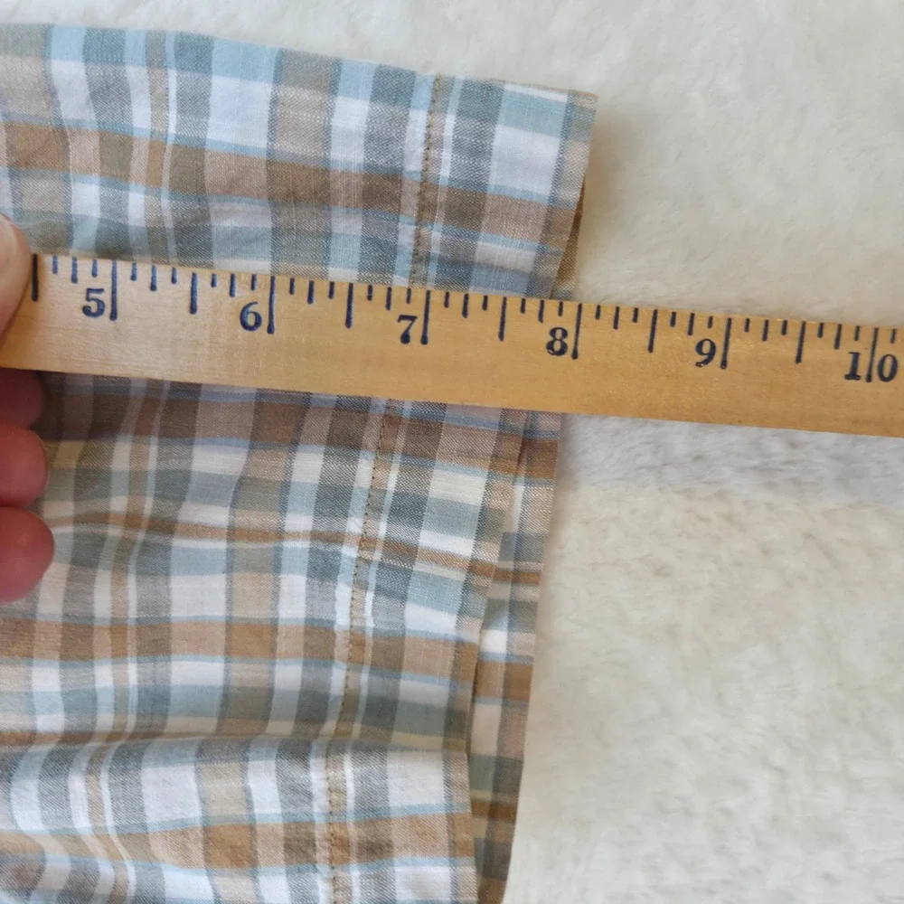 The North Face Plaid Button Down Men Large Blue Tan Excellent Short Sleeve Shirt